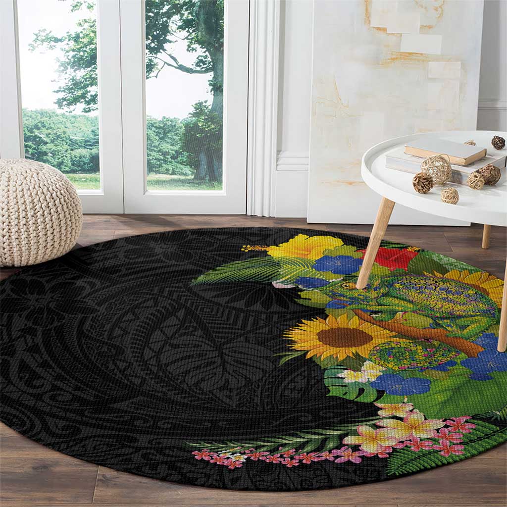 Hawaiian Tropical Plants and Chameleon Round Carpet Polynesian Art Colorful - Polynesian Pride
