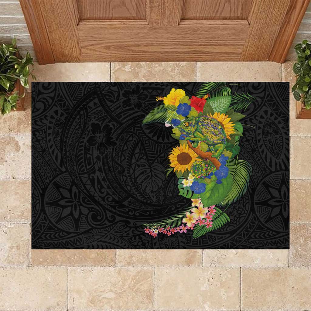 Hawaiian Tropical Plants and Chameleon Rubber Doormat Polynesian Art Colorful LT03 Black - Polynesian Pride