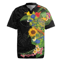 Hawaiian Tropical Plants and Chameleon Rugby Jersey Polynesian Art Colorful LT03 Black - Polynesian Pride