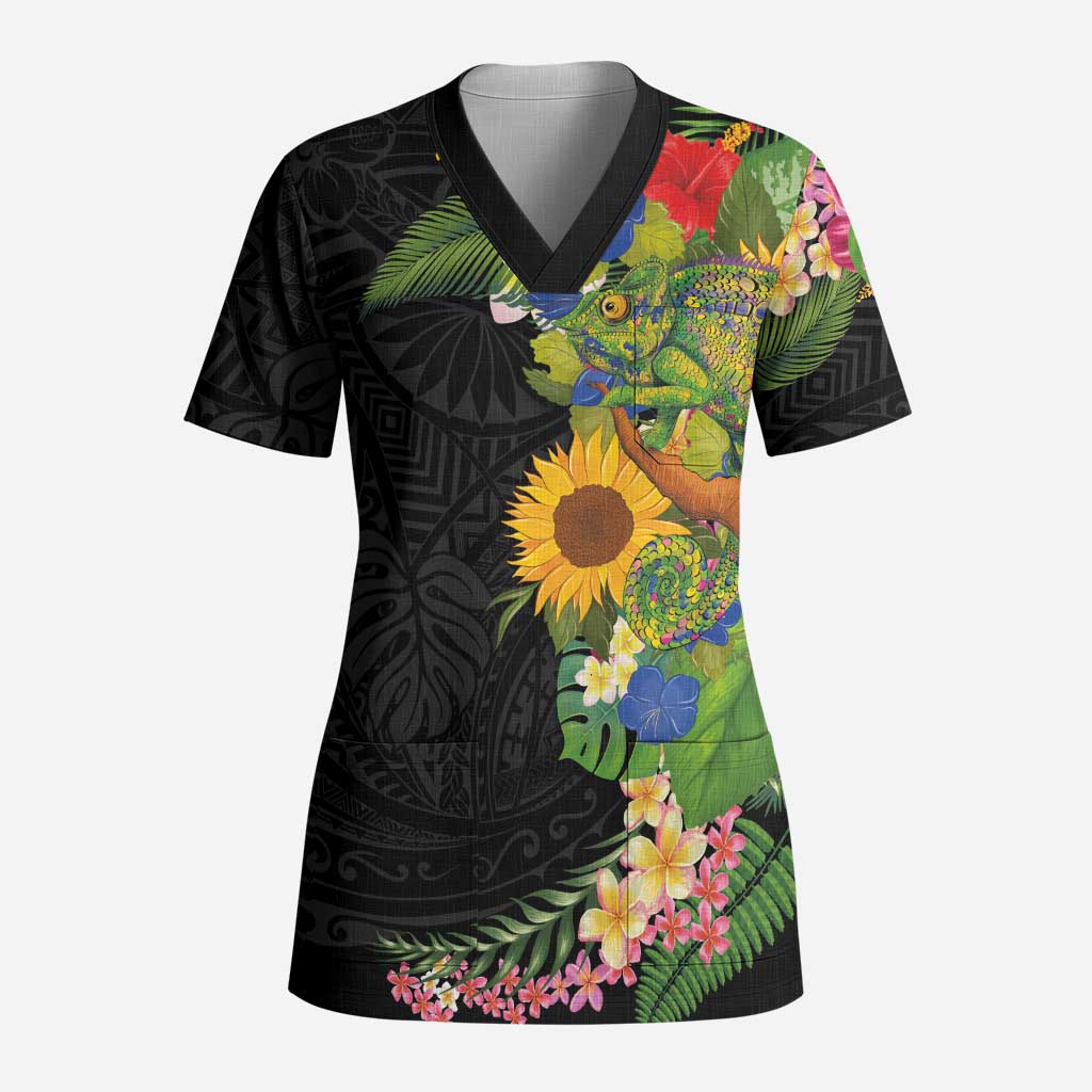 Hawaiian Tropical Plants and Chameleon Scrub Top Polynesian Art Colorful - Polynesian Pride
