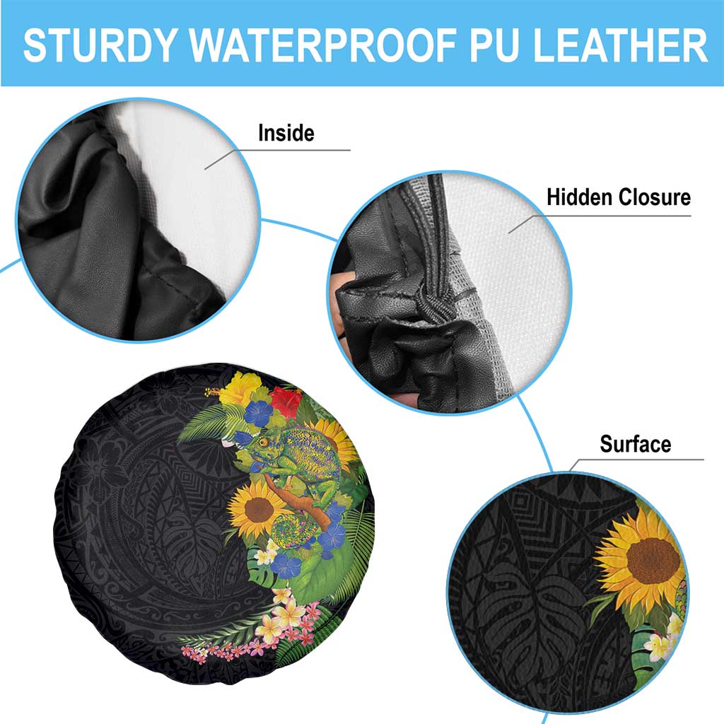 Hawaiian Tropical Plants and Chameleon Spare Tire Cover Polynesian Art Colorful - Polynesian Pride