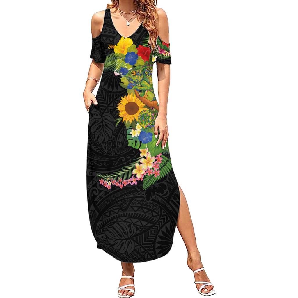 Hawaiian Tropical Plants and Chameleon Summer Maxi Dress Polynesian Art Colorful - Polynesian Pride