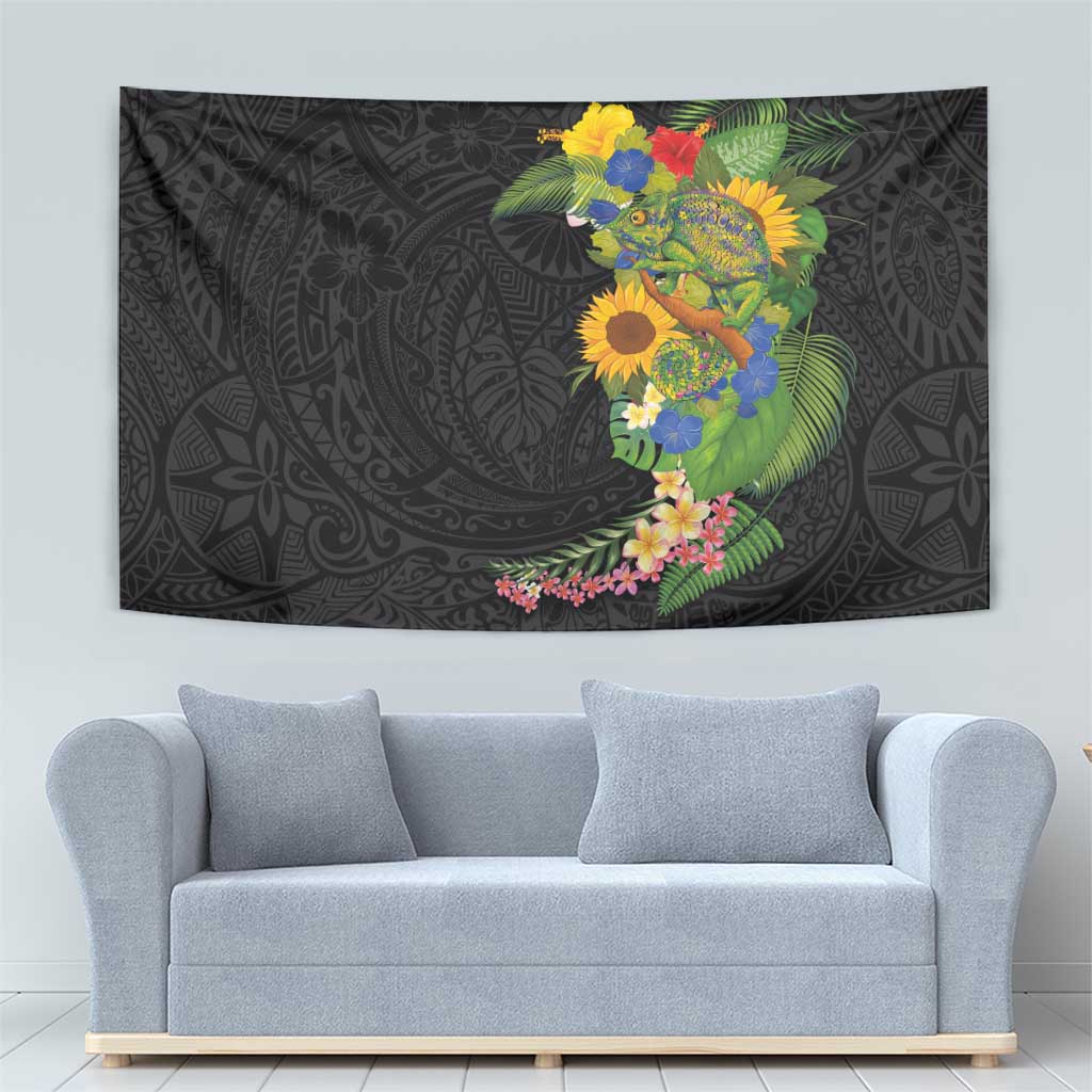 Hawaiian Tropical Plants and Chameleon Tapestry Polynesian Art Colorful - Polynesian Pride