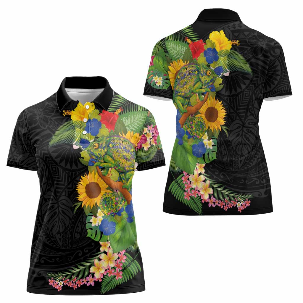 Hawaiian Tropical Plants and Chameleon Women Polo Shirt Polynesian Art Colorful - Polynesian Pride