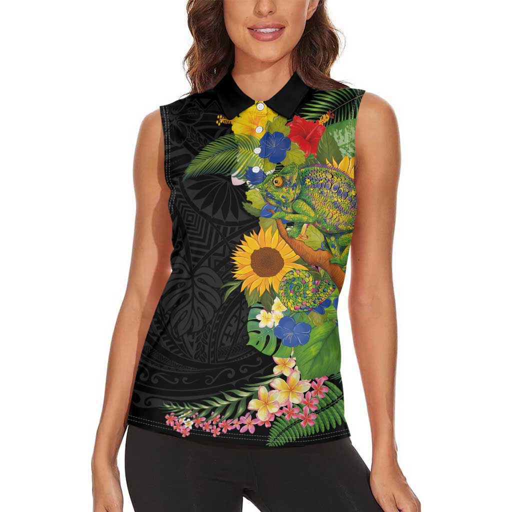 Hawaiian Tropical Plants and Chameleon Women Sleeveless Polo Shirt Polynesian Art Colorful - Polynesian Pride
