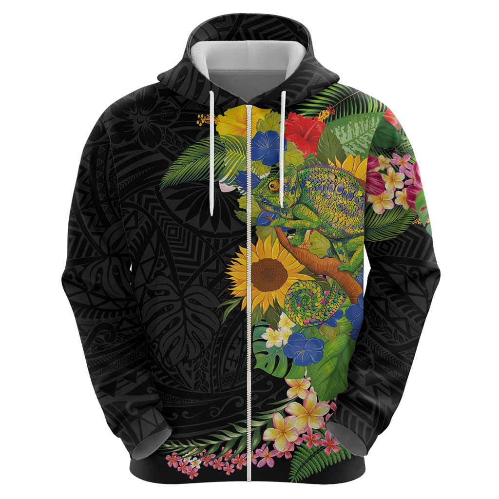 Hawaiian Tropical Plants and Chameleon Zip Hoodie Polynesian Art Colorful - Polynesian Pride