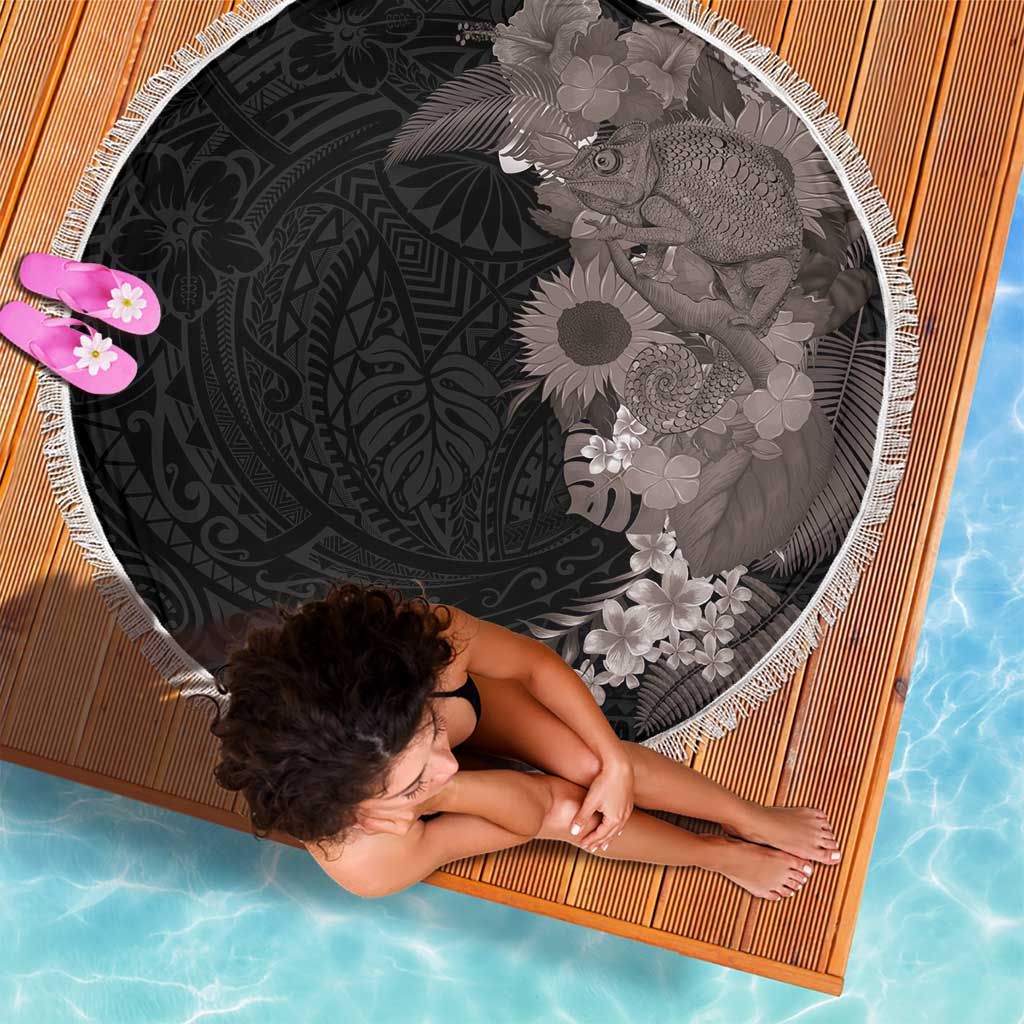 Hawaiian Tropical Plants and Chameleon Beach Blanket Polynesian Art Grayscale LT03 - Polynesian Pride