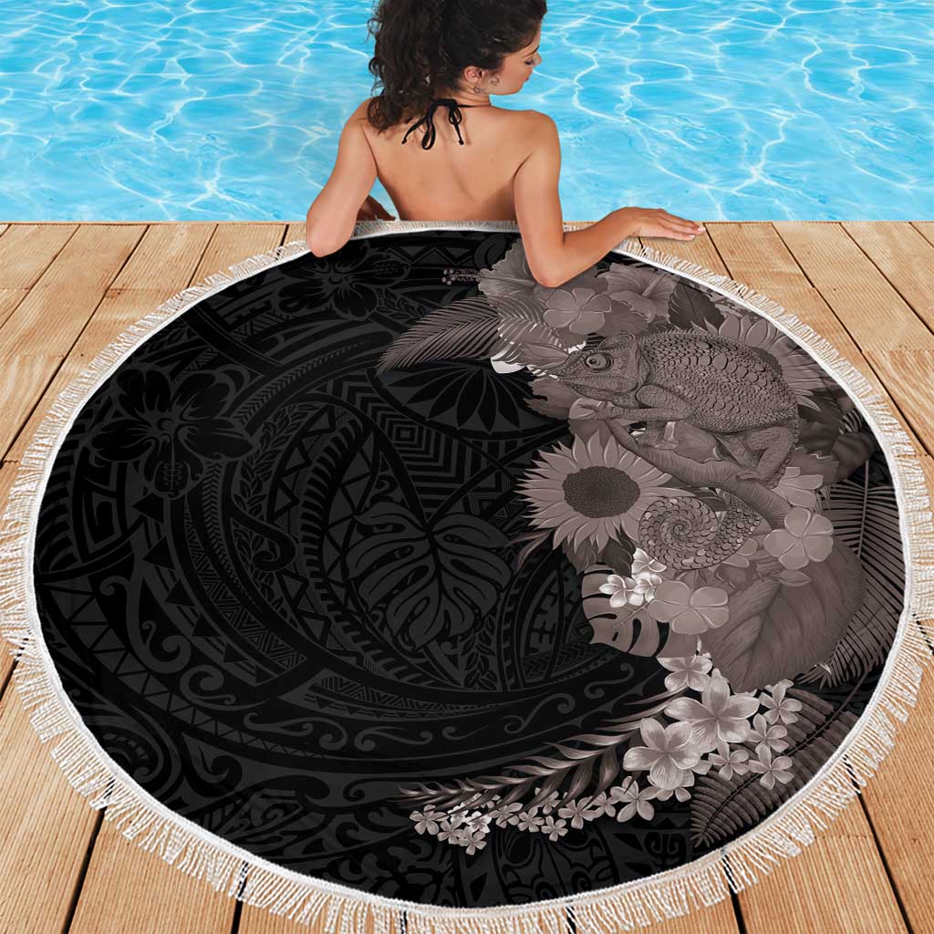 Hawaiian Tropical Plants and Chameleon Beach Blanket Polynesian Art Grayscale LT03 - Polynesian Pride