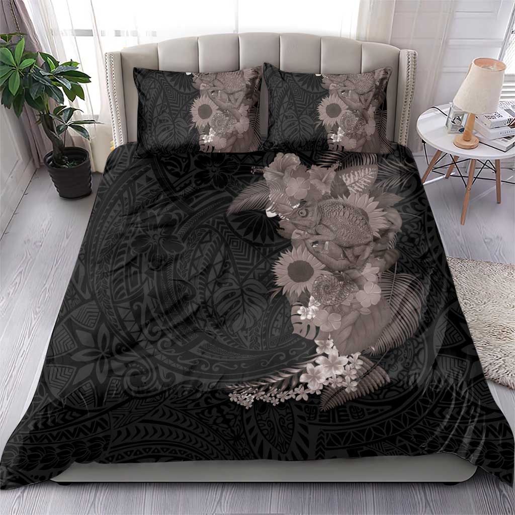 Hawaiian Tropical Plants and Chameleon Bedding Set Polynesian Art Grayscale - Polynesian Pride
