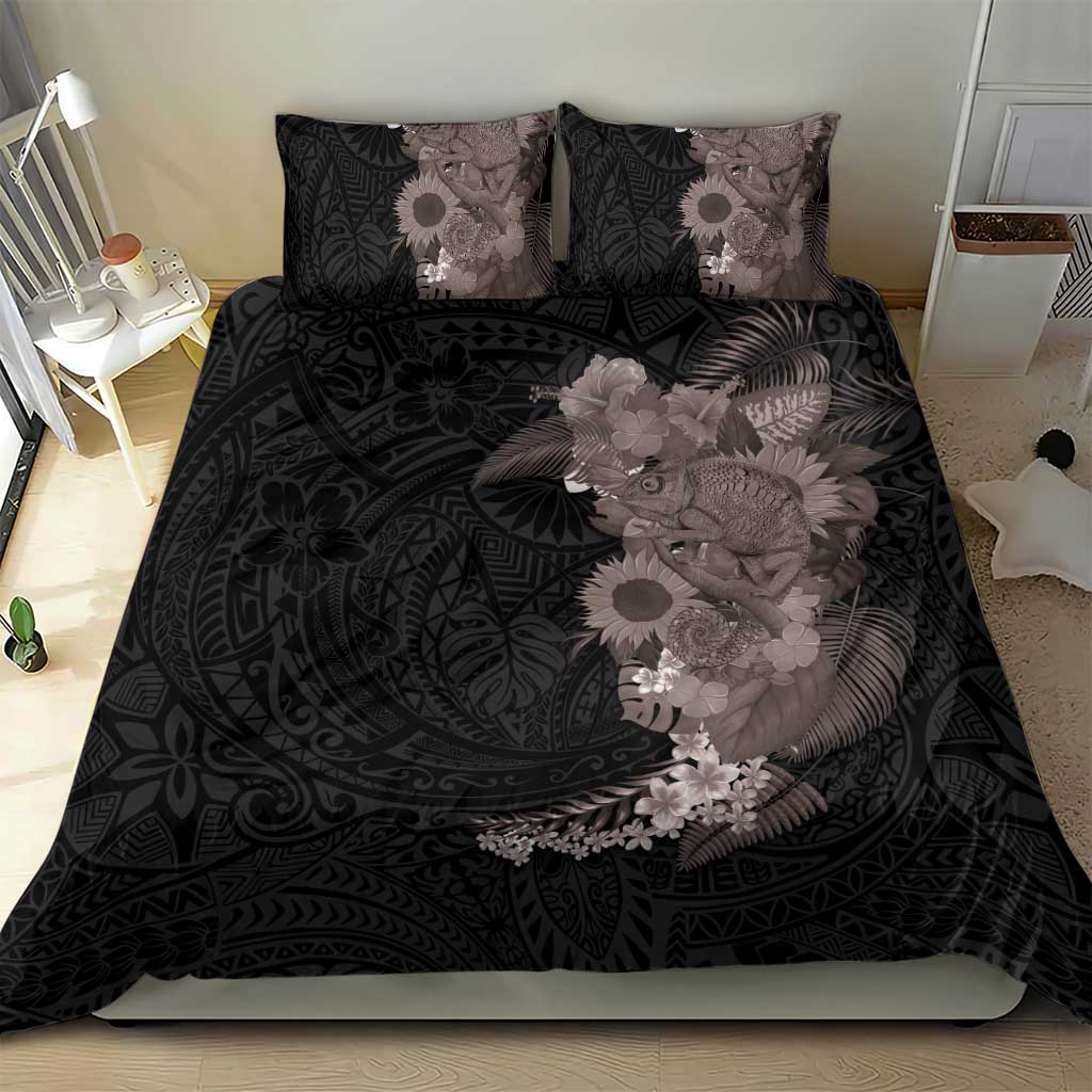 Hawaiian Tropical Plants and Chameleon Bedding Set Polynesian Art Grayscale - Polynesian Pride