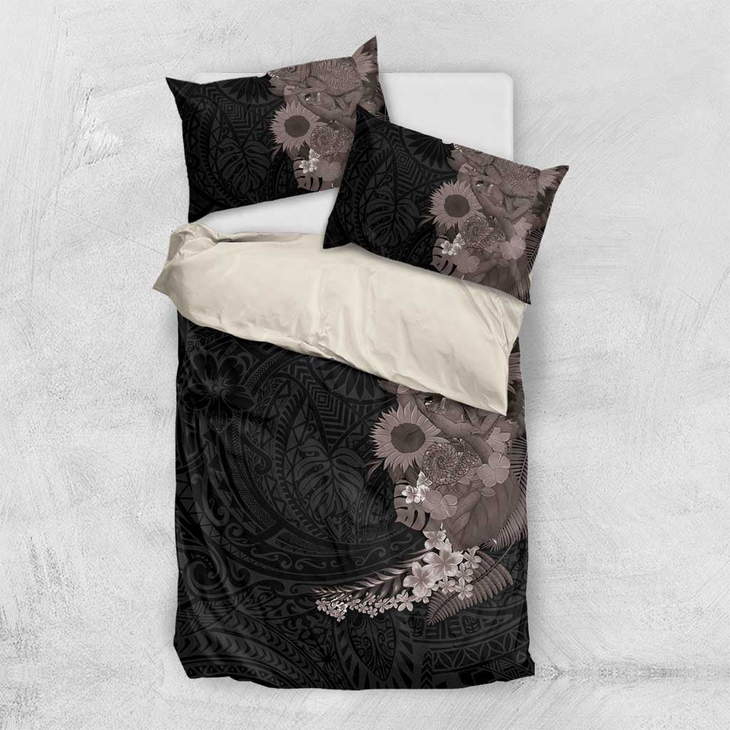 Hawaiian Tropical Plants and Chameleon Bedding Set Polynesian Art Grayscale - Polynesian Pride