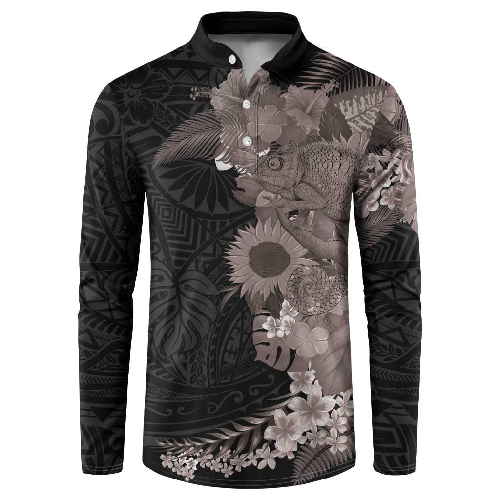 Hawaiian Tropical Plants and Chameleon Button Sweatshirt Polynesian Art Grayscale LT03 Black - Polynesian Pride