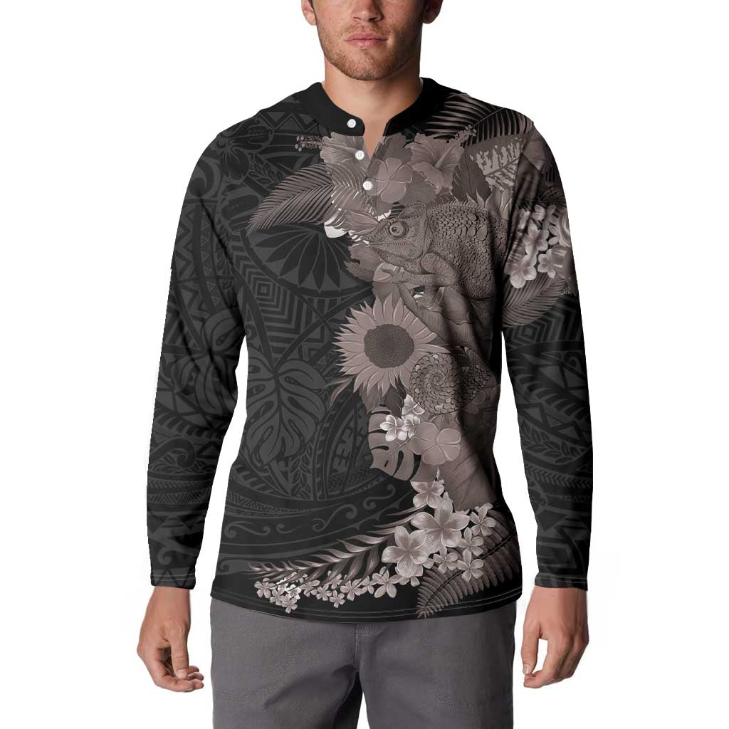 Hawaiian Tropical Plants and Chameleon Button Sweatshirt Polynesian Art Grayscale LT03 - Polynesian Pride