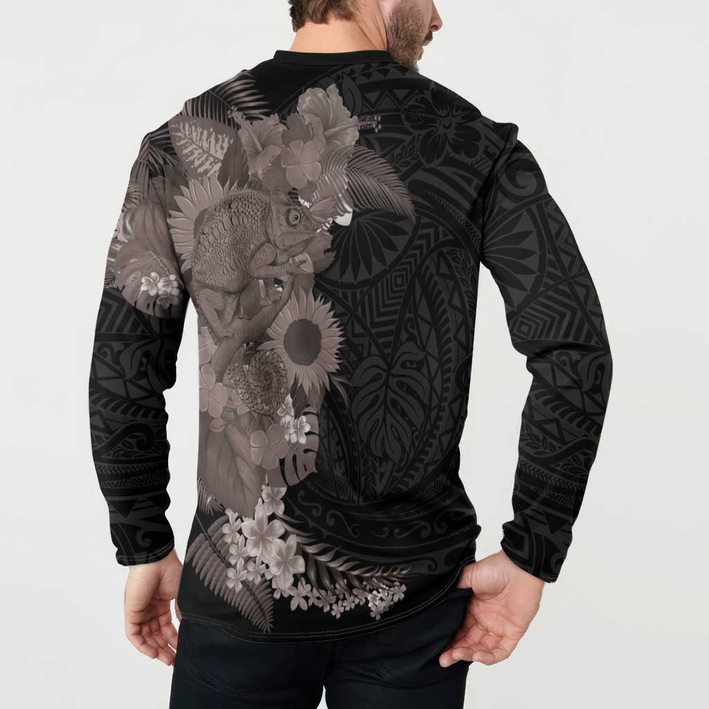 Hawaiian Tropical Plants and Chameleon Button Sweatshirt Polynesian Art Grayscale LT03 - Polynesian Pride