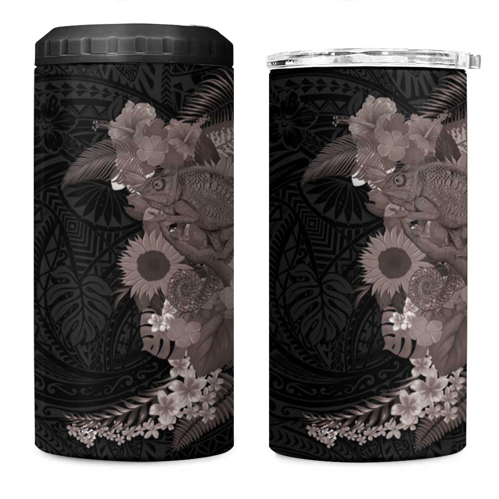 Hawaiian Tropical Plants and Chameleon 4 in 1 Can Cooler Tumbler Polynesian Art Grayscale - Polynesian Pride