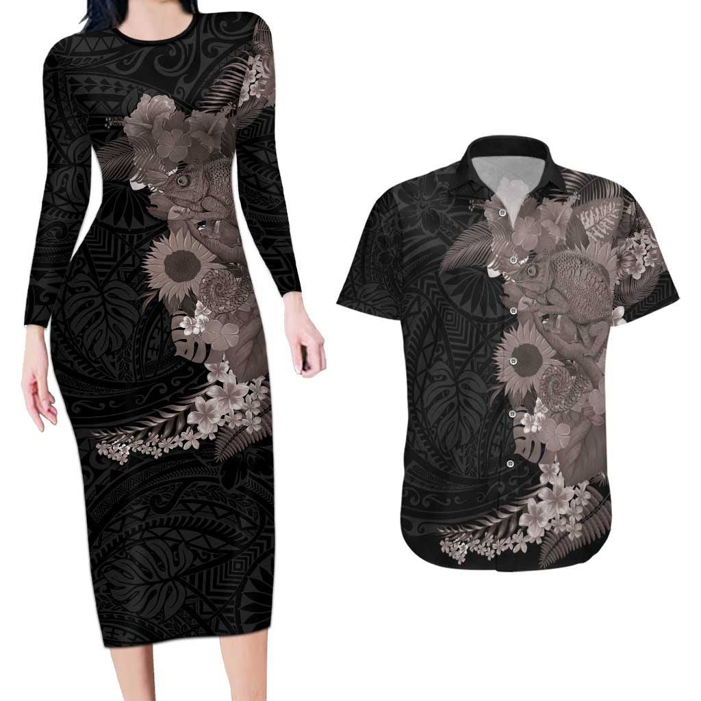Hawaiian Tropical Plants and Chameleon Couples Matching Long Sleeve Bodycon Dress and Hawaiian Shirt Polynesian Art Grayscale LT03 Black - Polynesian Pride
