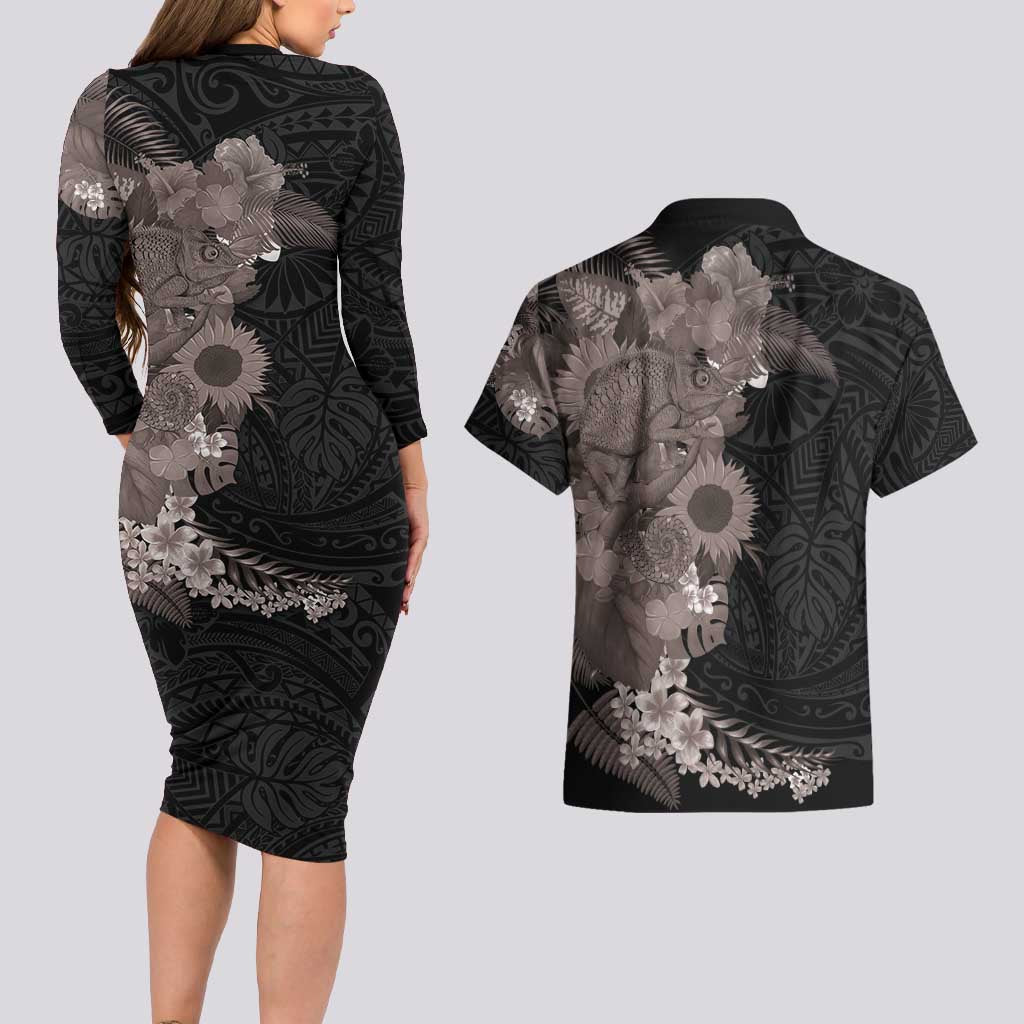 Hawaiian Tropical Plants and Chameleon Couples Matching Long Sleeve Bodycon Dress and Hawaiian Shirt Polynesian Art Grayscale LT03 - Polynesian Pride