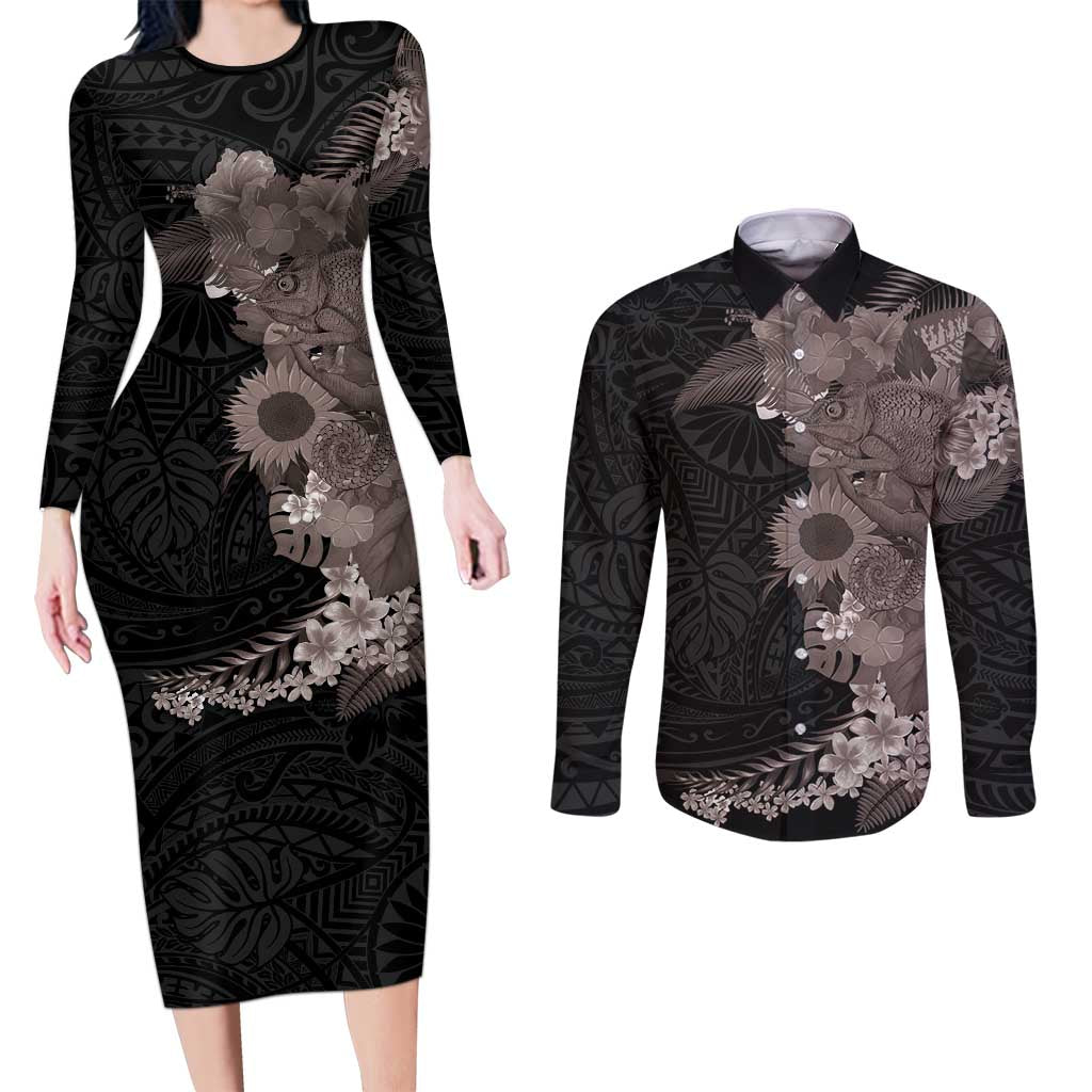 Hawaiian Tropical Plants and Chameleon Couples Matching Long Sleeve Bodycon Dress and Long Sleeve Button Shirt Polynesian Art Grayscale LT03 Black - Polynesian Pride