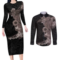 Hawaiian Tropical Plants and Chameleon Couples Matching Long Sleeve Bodycon Dress and Long Sleeve Button Shirt Polynesian Art Grayscale LT03 Black - Polynesian Pride