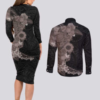 Hawaiian Tropical Plants and Chameleon Couples Matching Long Sleeve Bodycon Dress and Long Sleeve Button Shirt Polynesian Art Grayscale LT03 - Polynesian Pride