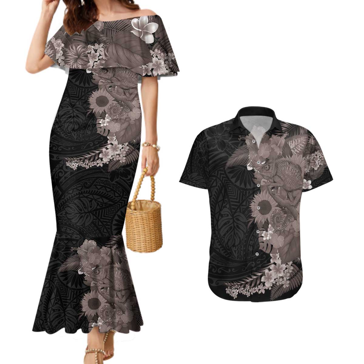 Hawaiian Tropical Plants and Chameleon Couples Matching Mermaid Dress and Hawaiian Shirt Polynesian Art Grayscale LT03 Black - Polynesian Pride