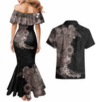 Hawaiian Tropical Plants and Chameleon Couples Matching Mermaid Dress and Hawaiian Shirt Polynesian Art Grayscale LT03 - Polynesian Pride