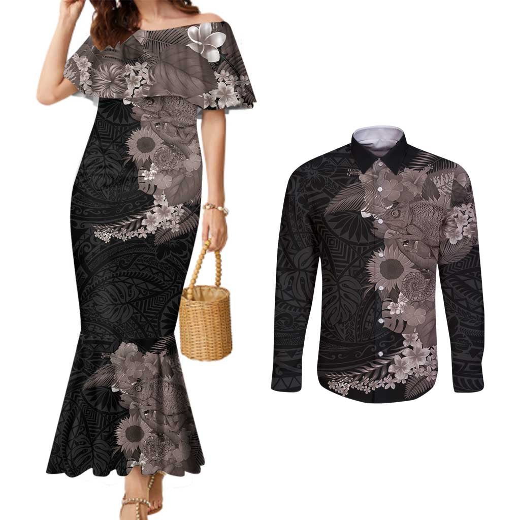 Hawaiian Tropical Plants and Chameleon Couples Matching Mermaid Dress and Long Sleeve Button Shirt Polynesian Art Grayscale LT03 Black - Polynesian Pride