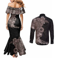 Hawaiian Tropical Plants and Chameleon Couples Matching Mermaid Dress and Long Sleeve Button Shirt Polynesian Art Grayscale LT03 - Polynesian Pride