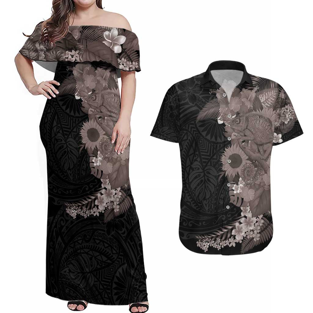 Hawaiian Tropical Plants and Chameleon Couples Matching Off Shoulder Maxi Dress and Hawaiian Shirt Polynesian Art Grayscale LT03 Black - Polynesian Pride
