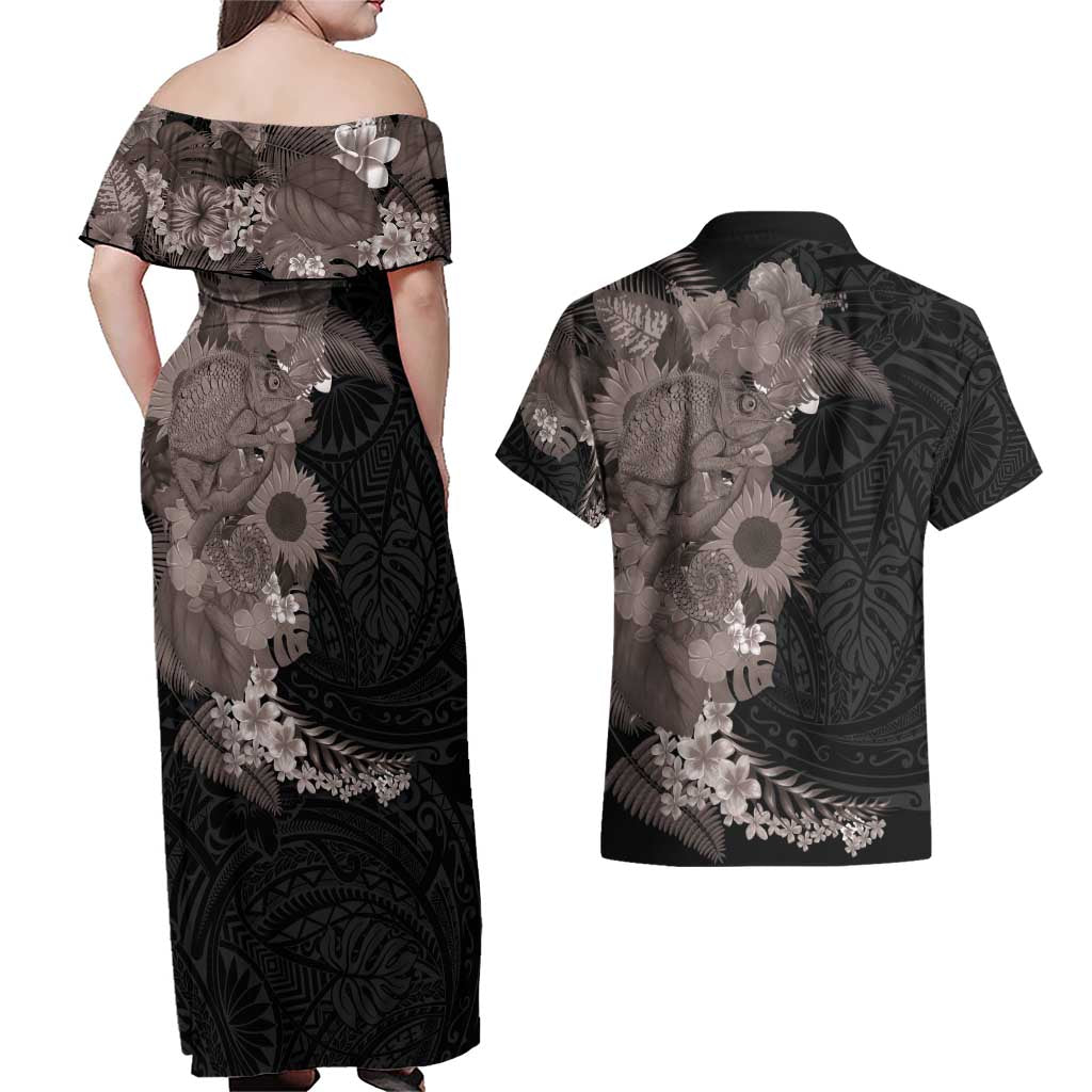 Hawaiian Tropical Plants and Chameleon Couples Matching Off Shoulder Maxi Dress and Hawaiian Shirt Polynesian Art Grayscale LT03 - Polynesian Pride