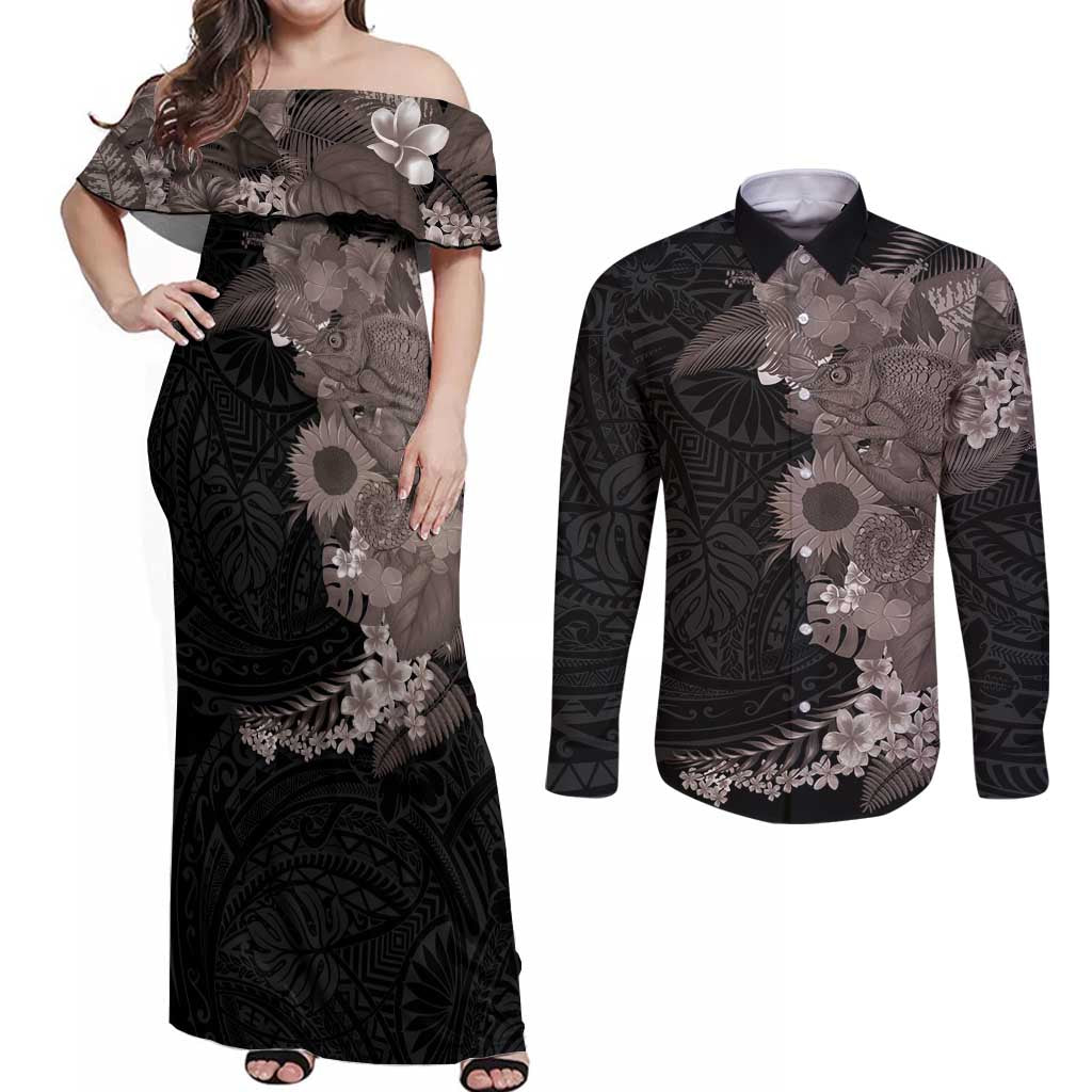 Hawaiian Tropical Plants and Chameleon Couples Matching Off Shoulder Maxi Dress and Long Sleeve Button Shirt Polynesian Art Grayscale LT03 Black - Polynesian Pride