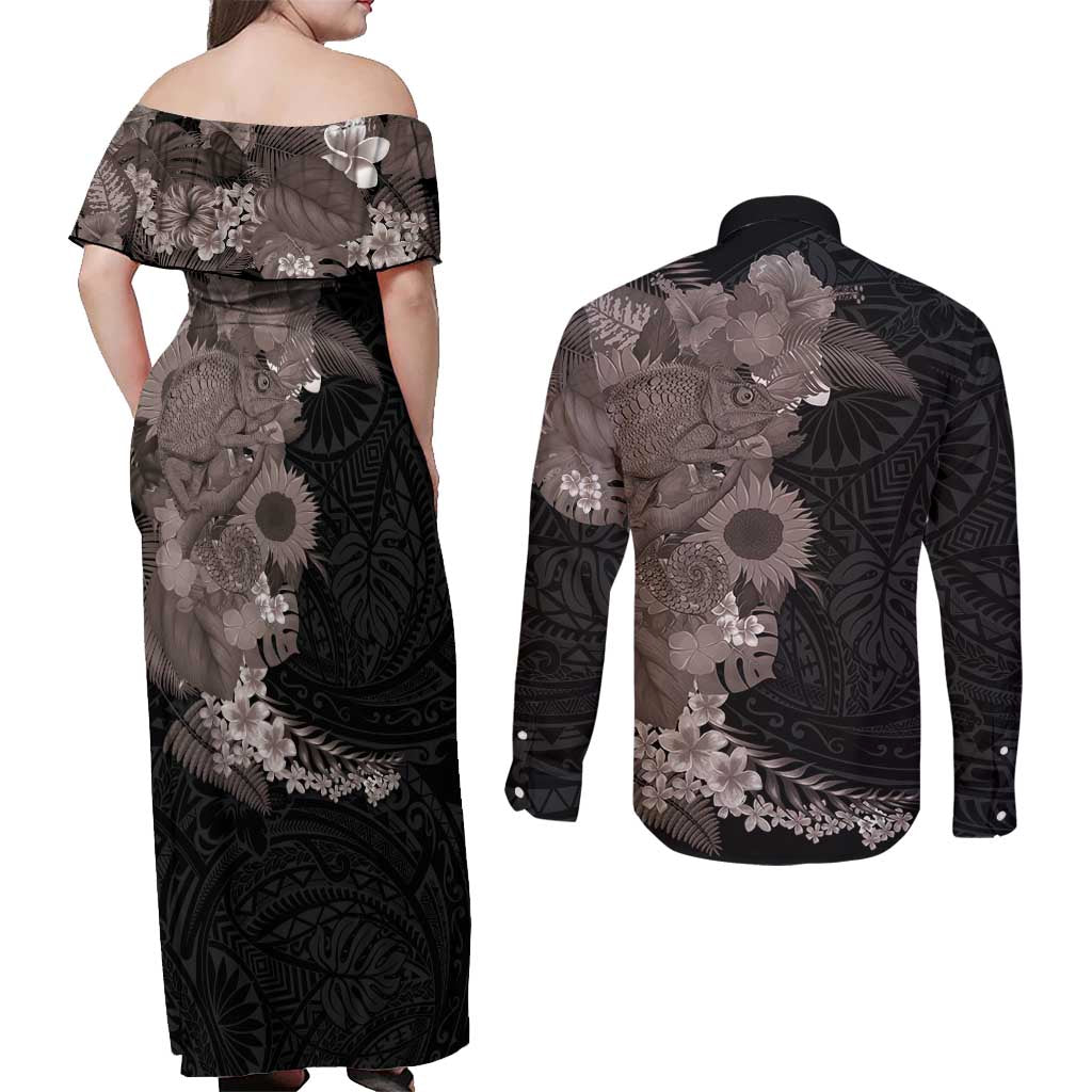 Hawaiian Tropical Plants and Chameleon Couples Matching Off Shoulder Maxi Dress and Long Sleeve Button Shirt Polynesian Art Grayscale LT03 - Polynesian Pride