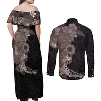Hawaiian Tropical Plants and Chameleon Couples Matching Off Shoulder Maxi Dress and Long Sleeve Button Shirt Polynesian Art Grayscale LT03 - Polynesian Pride