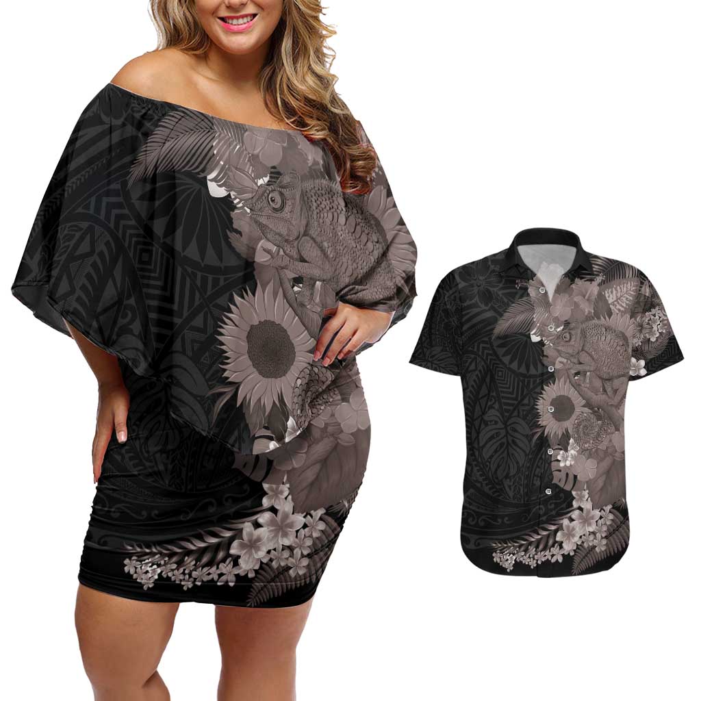 Hawaiian Tropical Plants and Chameleon Couples Matching Off Shoulder Short Dress and Hawaiian Shirt Polynesian Art Grayscale LT03 Black - Polynesian Pride