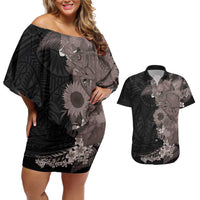 Hawaiian Tropical Plants and Chameleon Couples Matching Off Shoulder Short Dress and Hawaiian Shirt Polynesian Art Grayscale LT03 Black - Polynesian Pride