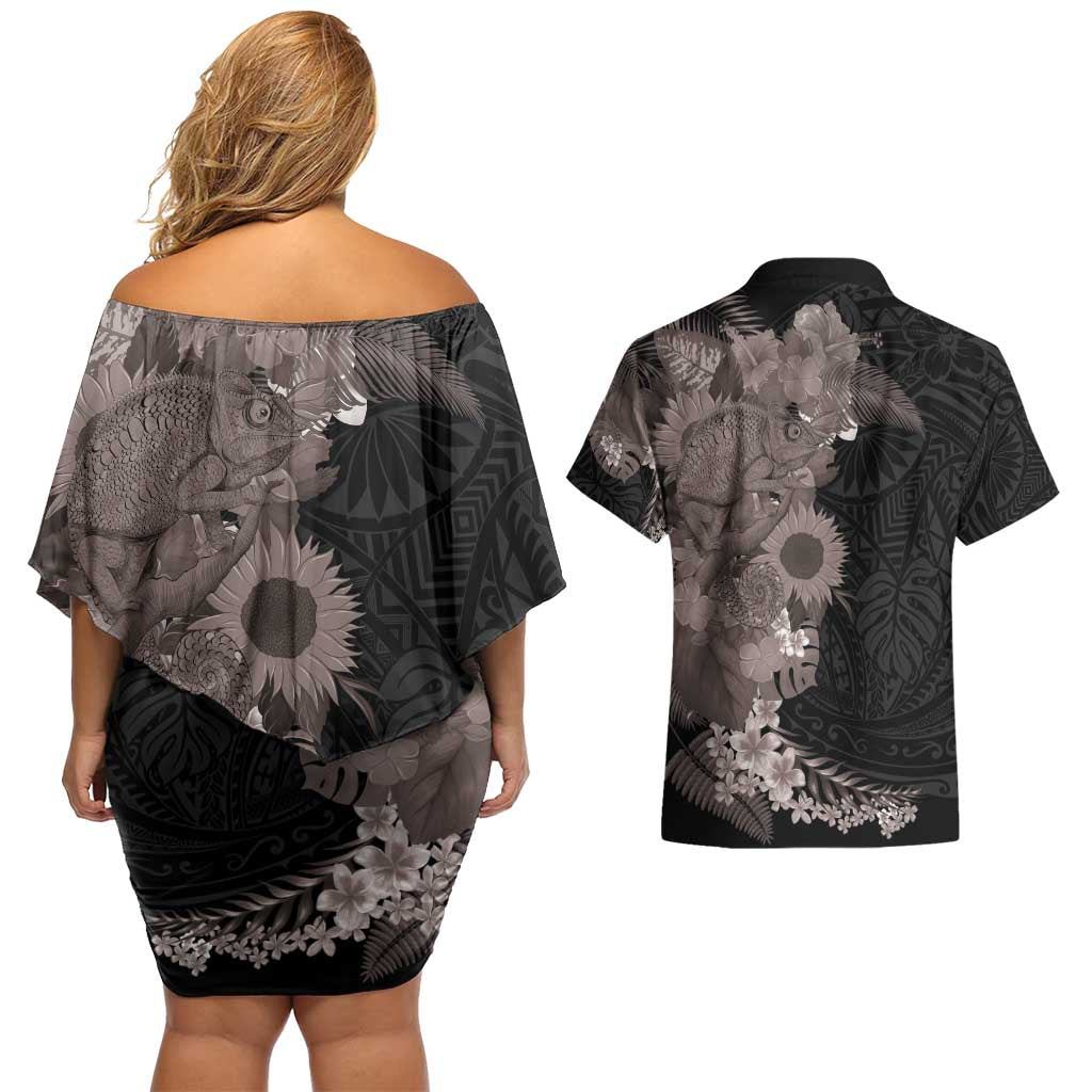 Hawaiian Tropical Plants and Chameleon Couples Matching Off Shoulder Short Dress and Hawaiian Shirt Polynesian Art Grayscale LT03 - Polynesian Pride