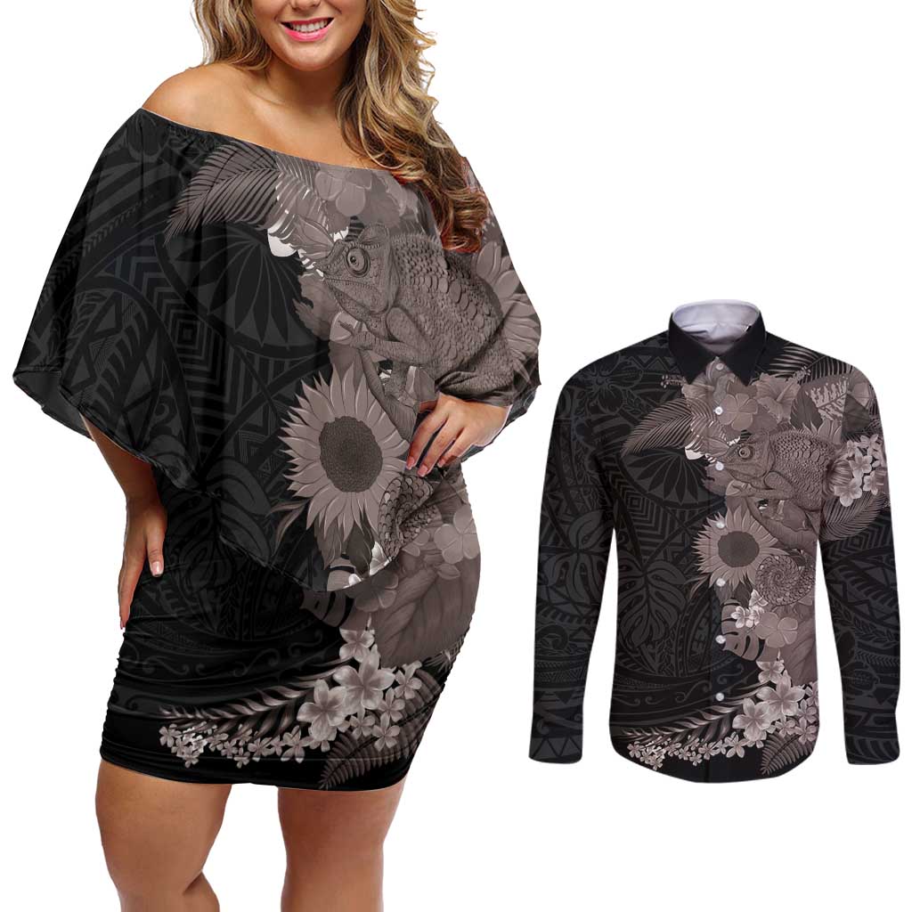 Hawaiian Tropical Plants and Chameleon Couples Matching Off Shoulder Short Dress and Long Sleeve Button Shirt Polynesian Art Grayscale LT03 Black - Polynesian Pride