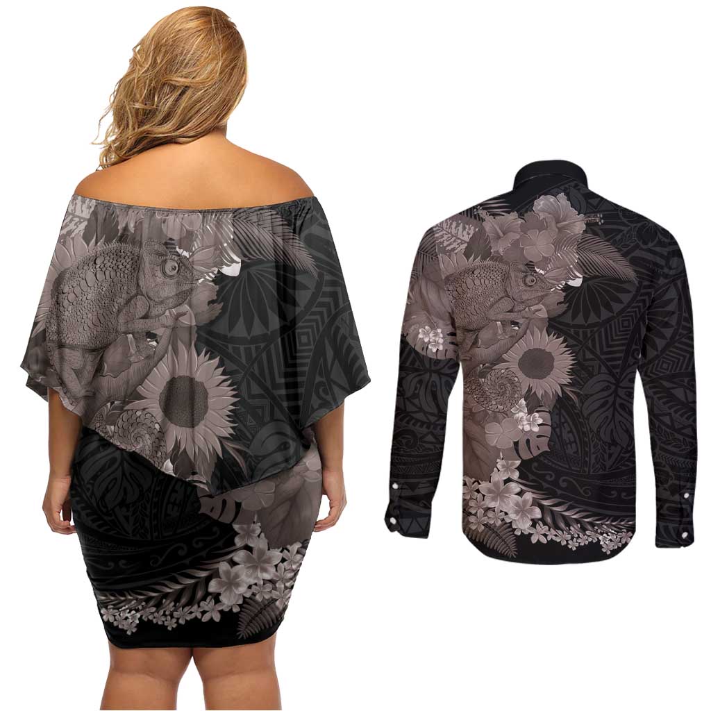 Hawaiian Tropical Plants and Chameleon Couples Matching Off Shoulder Short Dress and Long Sleeve Button Shirt Polynesian Art Grayscale LT03 - Polynesian Pride
