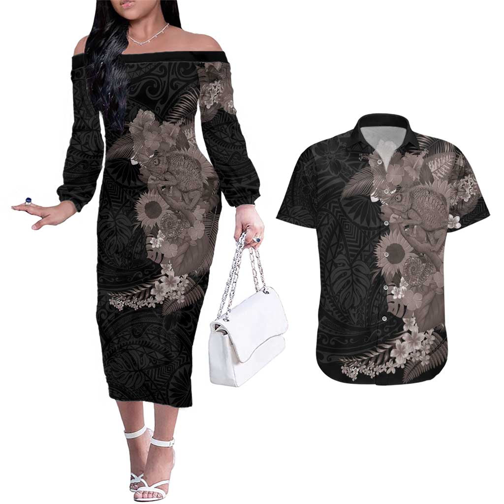 Hawaiian Tropical Plants and Chameleon Couples Matching Off The Shoulder Long Sleeve Dress and Hawaiian Shirt Polynesian Art Grayscale LT03 Black - Polynesian Pride