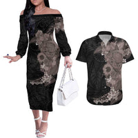 Hawaiian Tropical Plants and Chameleon Couples Matching Off The Shoulder Long Sleeve Dress and Hawaiian Shirt Polynesian Art Grayscale LT03 Black - Polynesian Pride