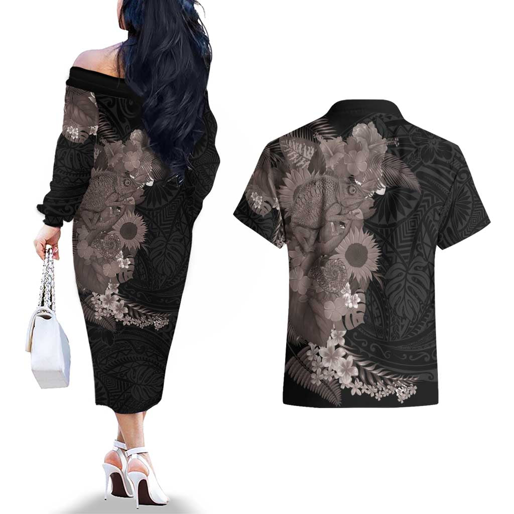 Hawaiian Tropical Plants and Chameleon Couples Matching Off The Shoulder Long Sleeve Dress and Hawaiian Shirt Polynesian Art Grayscale LT03 - Polynesian Pride