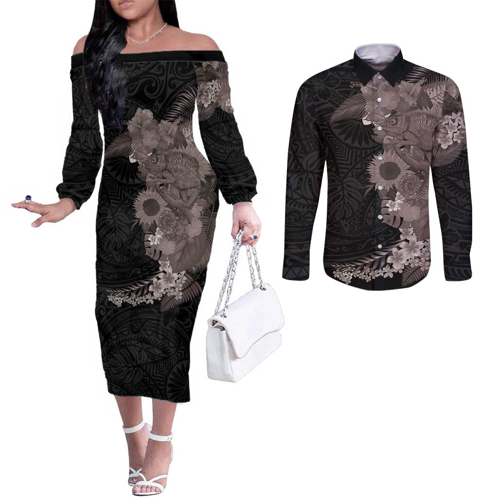 Hawaiian Tropical Plants and Chameleon Couples Matching Off The Shoulder Long Sleeve Dress and Long Sleeve Button Shirt Polynesian Art Grayscale LT03 Black - Polynesian Pride