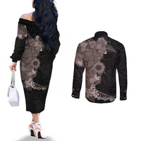Hawaiian Tropical Plants and Chameleon Couples Matching Off The Shoulder Long Sleeve Dress and Long Sleeve Button Shirt Polynesian Art Grayscale LT03 - Polynesian Pride
