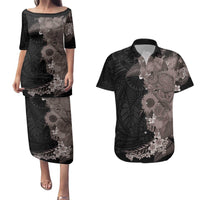 Hawaiian Tropical Plants and Chameleon Couples Matching Puletasi and Hawaiian Shirt Polynesian Art Grayscale LT03 Black - Polynesian Pride