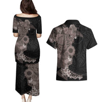 Hawaiian Tropical Plants and Chameleon Couples Matching Puletasi and Hawaiian Shirt Polynesian Art Grayscale LT03 - Polynesian Pride