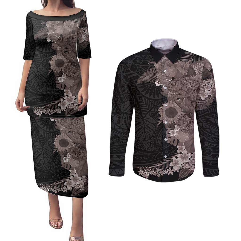 Hawaiian Tropical Plants and Chameleon Couples Matching Puletasi and Long Sleeve Button Shirt Polynesian Art Grayscale LT03 Black - Polynesian Pride