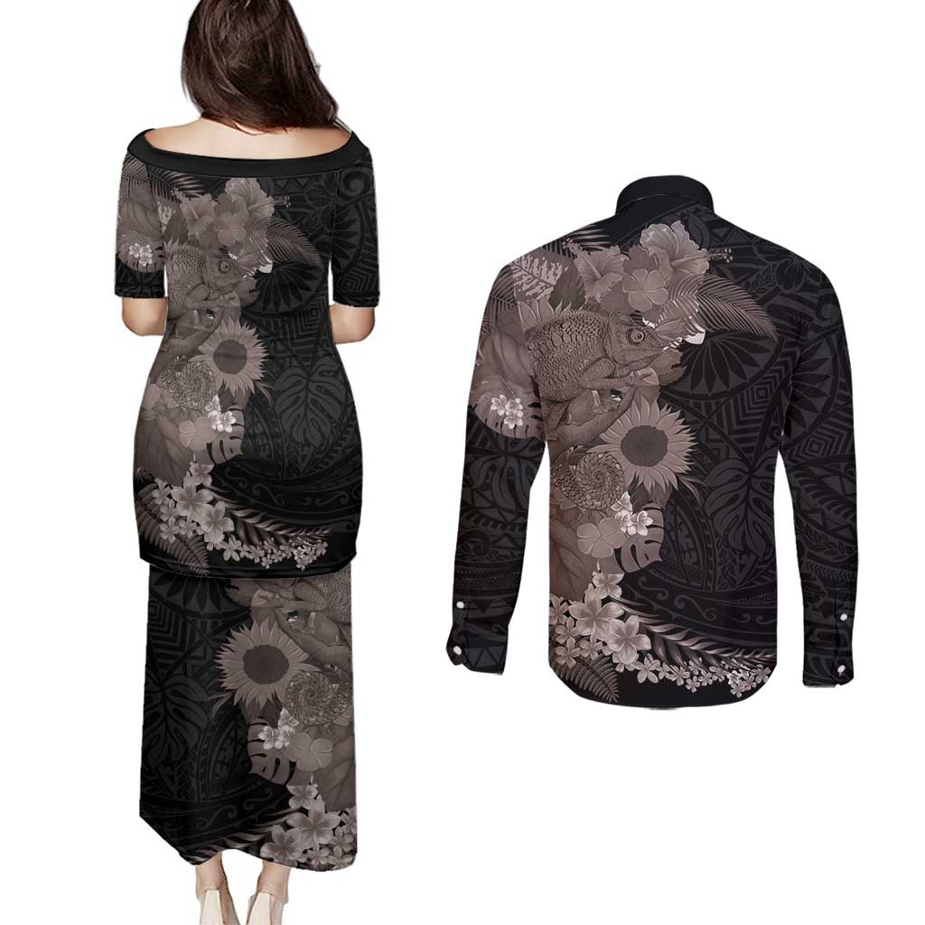 Hawaiian Tropical Plants and Chameleon Couples Matching Puletasi and Long Sleeve Button Shirt Polynesian Art Grayscale LT03 - Polynesian Pride