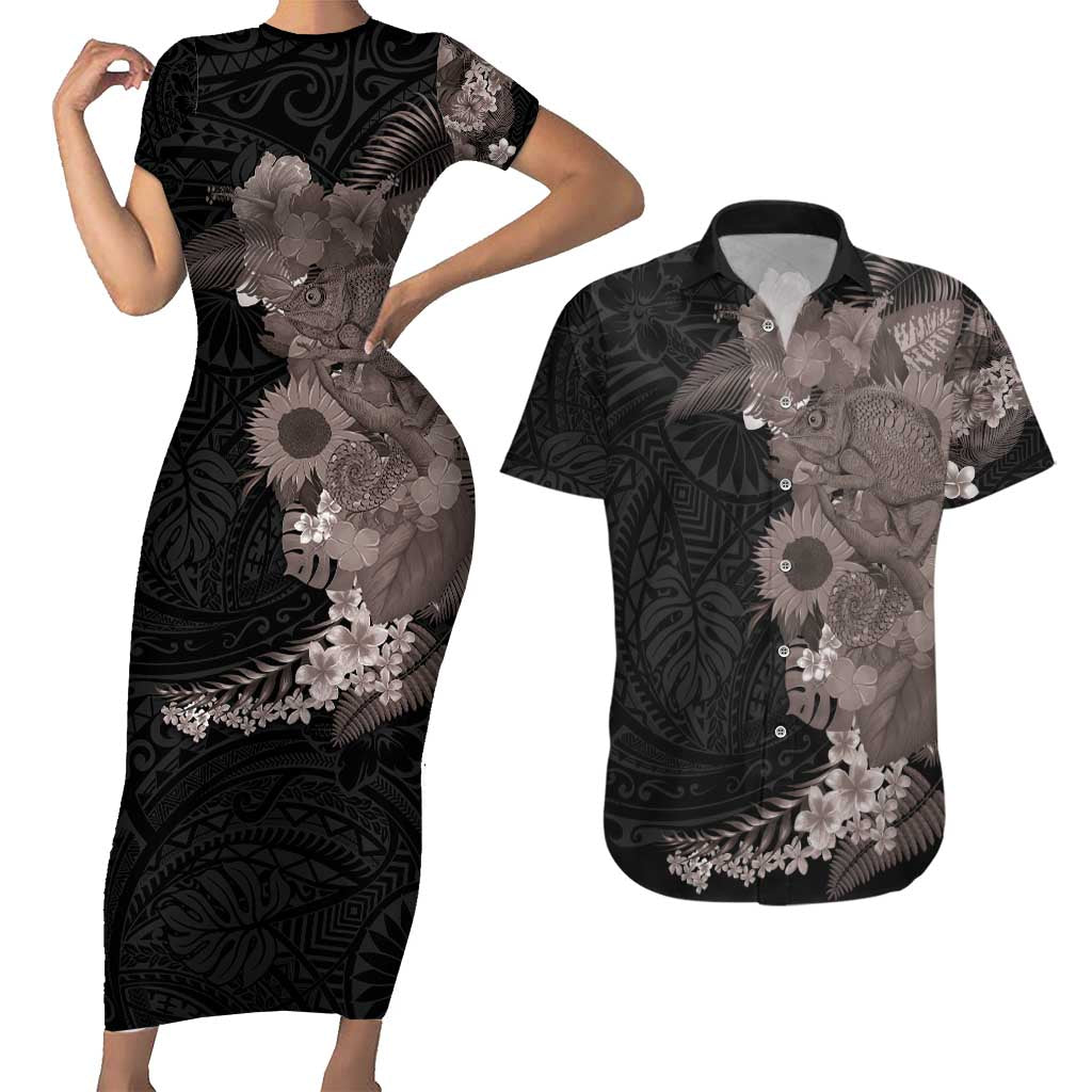 Hawaiian Tropical Plants and Chameleon Couples Matching Short Sleeve Bodycon Dress and Hawaiian Shirt Polynesian Art Grayscale LT03 Black - Polynesian Pride