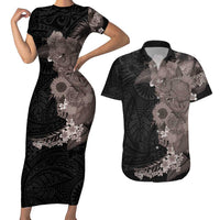Hawaiian Tropical Plants and Chameleon Couples Matching Short Sleeve Bodycon Dress and Hawaiian Shirt Polynesian Art Grayscale LT03 Black - Polynesian Pride