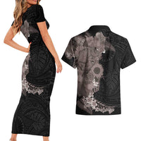 Hawaiian Tropical Plants and Chameleon Couples Matching Short Sleeve Bodycon Dress and Hawaiian Shirt Polynesian Art Grayscale LT03 - Polynesian Pride
